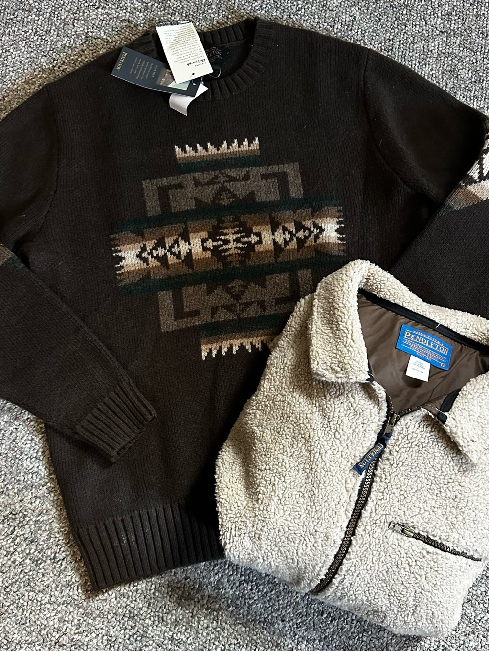 Pendleton Women’s Dark Brown Crewneck Sweater with Geometric Pattern